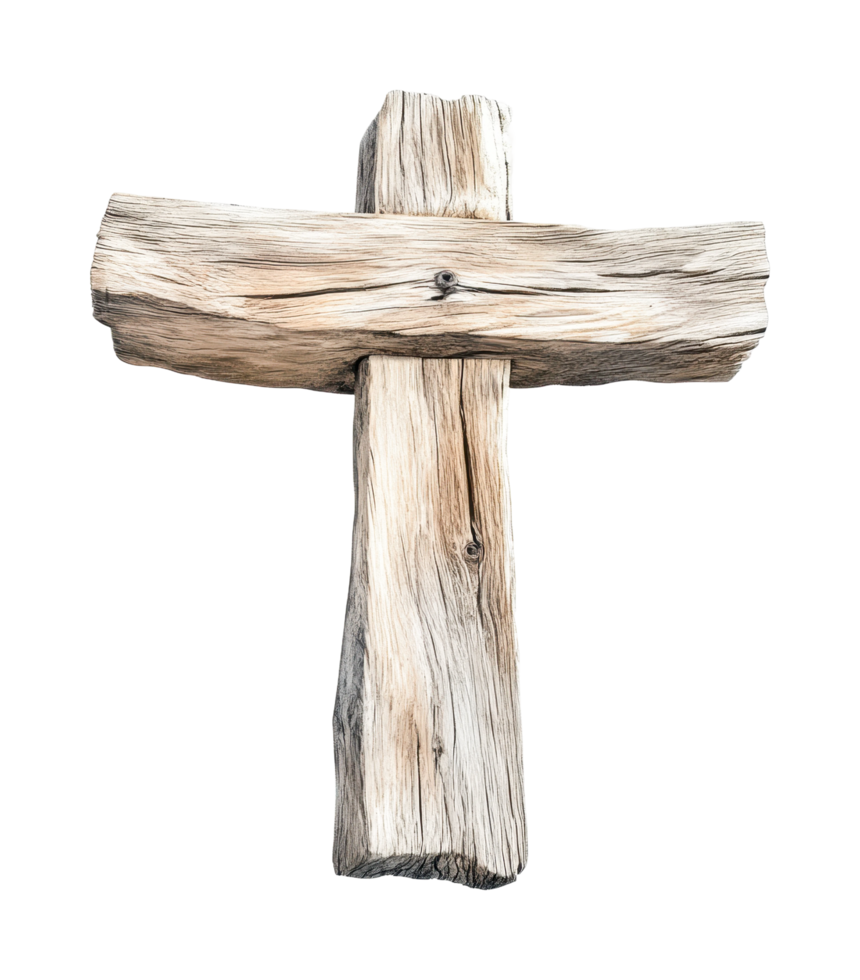 Rustic wooden cross with natural texture and weathered lines on isolated background png