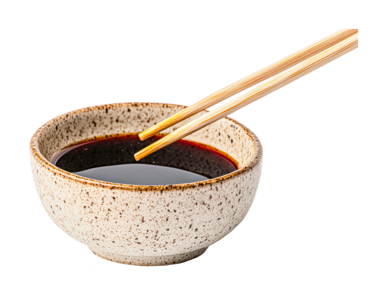 Asian soy sauce in ceramic bowl with wooden chopsticks png