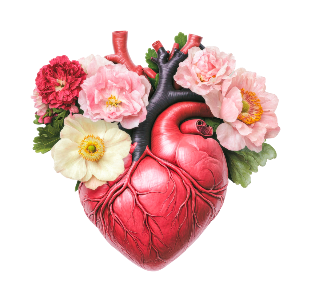 Heart shaped anatomical model with colorful floral arrangement png