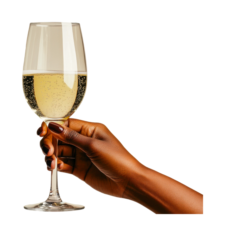 Female hand holding champagne glass with bubbles in celebration toast png