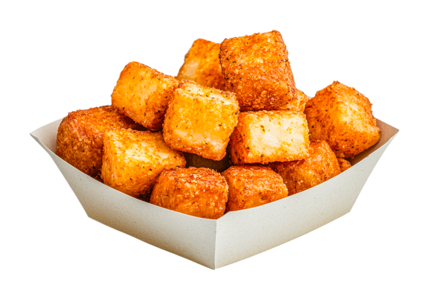 Crispy golden fried tater tots in a paper tray png