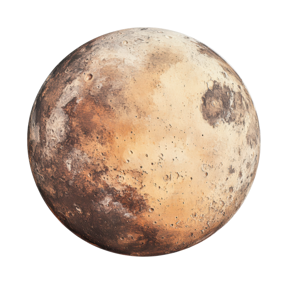 Detailed view of pluto's surface with craters and geological features png