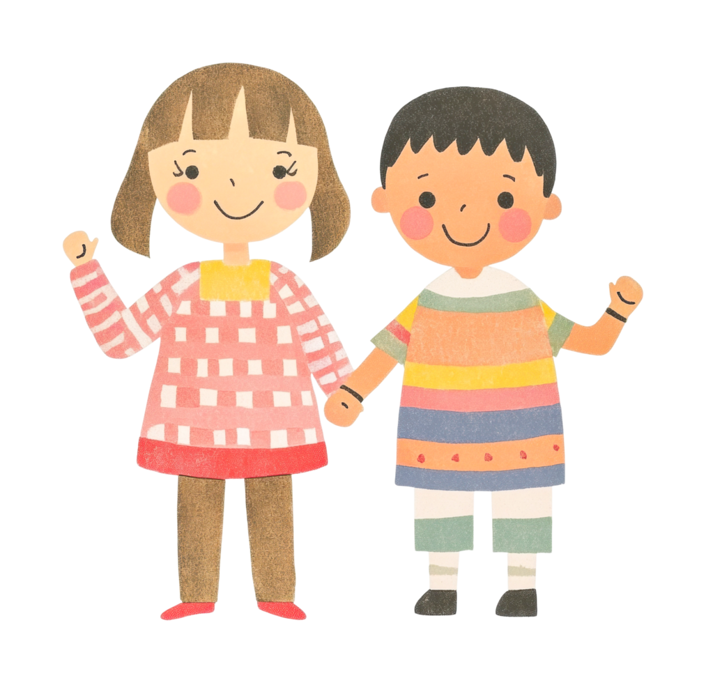 Young asian children smiling and holding hands in colorful outfits png