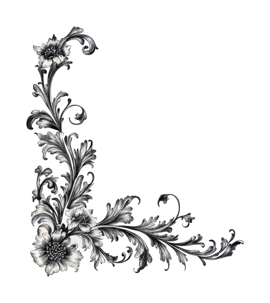 Intricate floral corner design with elegant leaves and petals png