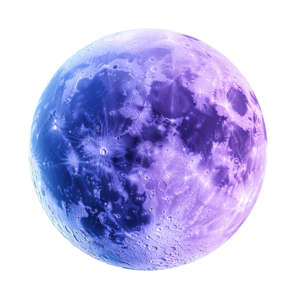 Vibrant purple and blue moon with craters and celestial details png