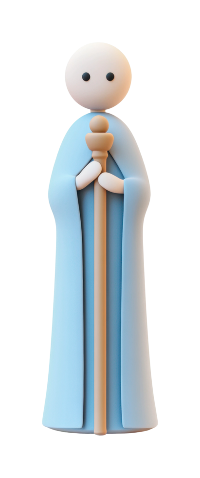 Minimalistic blue-clad figure holding staff in abstract style png