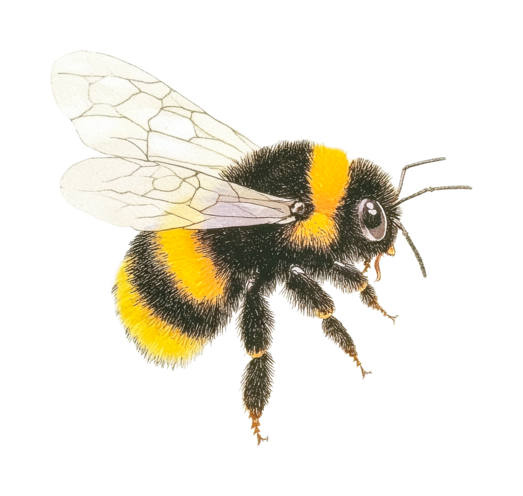 Detailed illustration of a bumblebee with translucent wings png