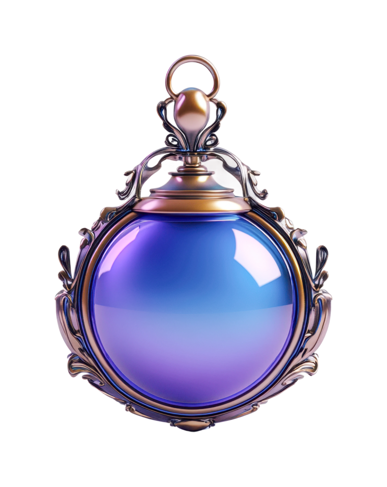Ornate glass perfume bottle with decorative metal frame png
