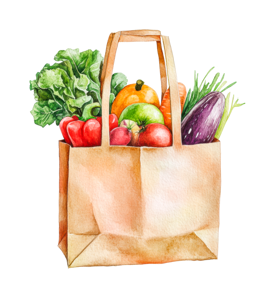 Watercolor paper bag with fresh vegetables and fruits illustration png