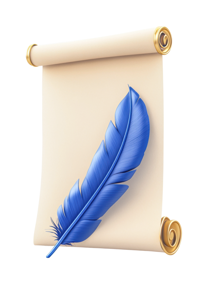 Elegant quill and scroll illustration with blue feather on parchment png