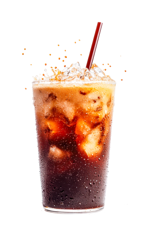 Refreshing iced coffee with ice cubes and straw isolated on white png