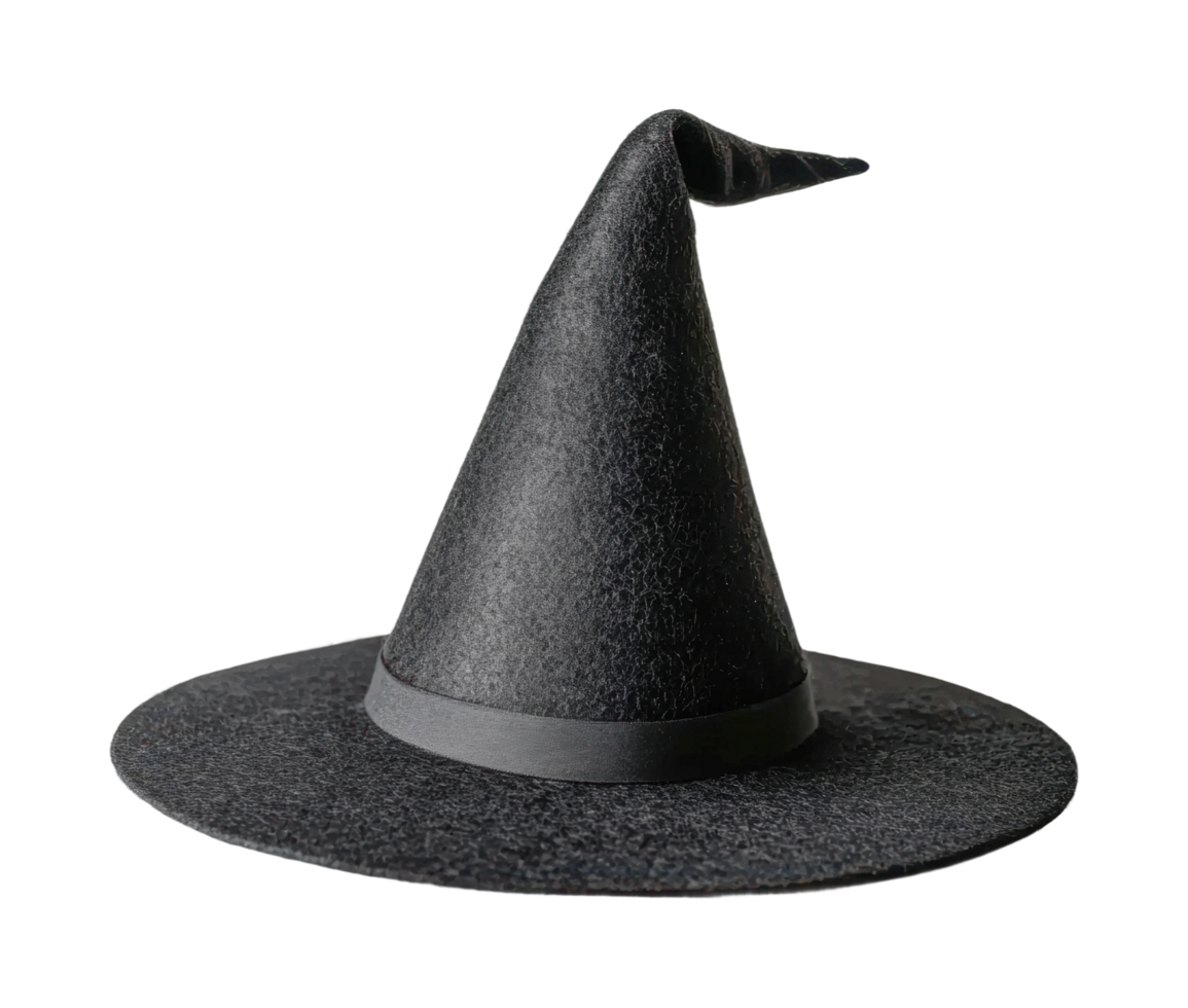 Classic black witch hat with pointed tip for halloween costumes and celebrations png