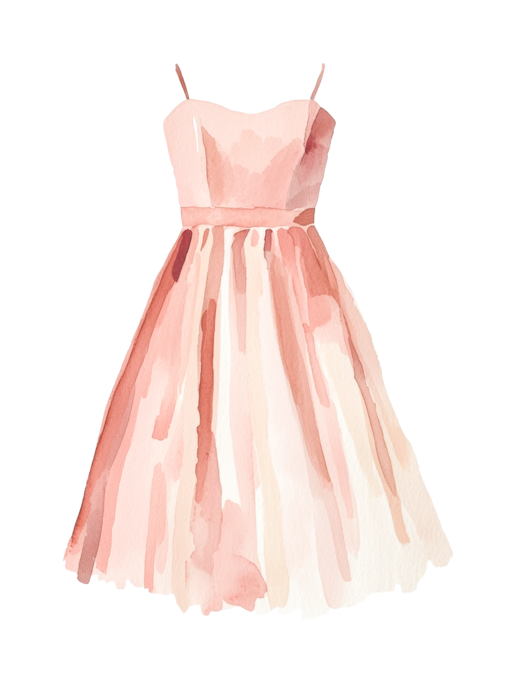 Elegant watercolor pink dress illustration with straps and flowing skirt png