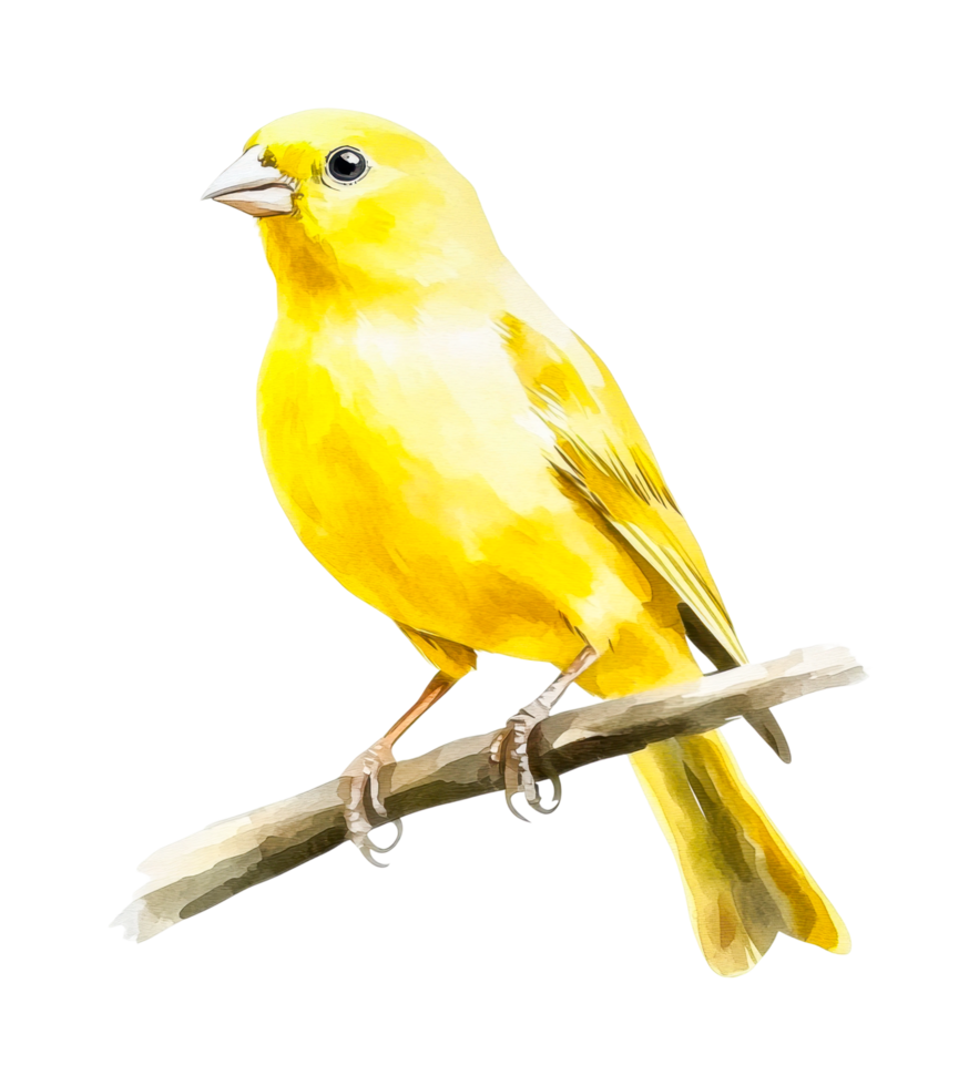 Bright yellow canary perched on a branch with detailed plumage png