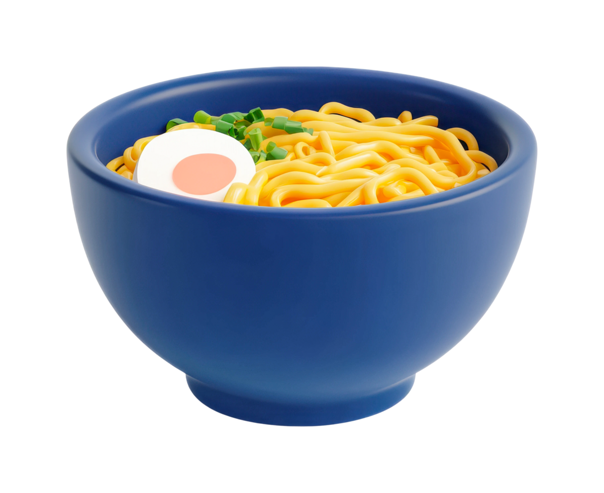 Delicious bowl of ramen noodles with egg and scallions in blue bowl png
