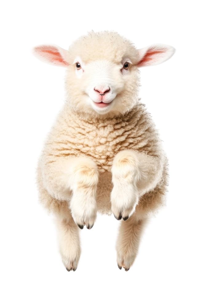 Playful young sheep jumping happily with fluffy wool png