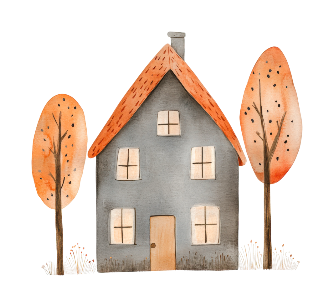 Cozy autumn cottage with red leafy trees, hand-painted watercolor art png
