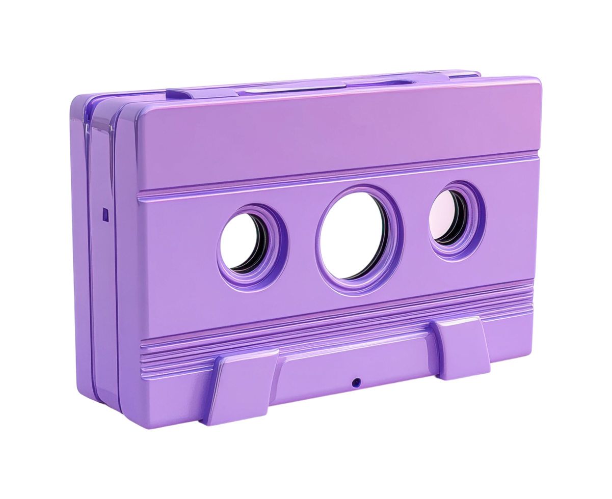 Retro purple audio cassette with unique circular design on black backdrop png