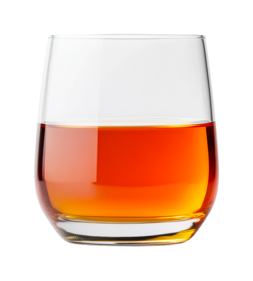 Glass of amber whiskey on display png