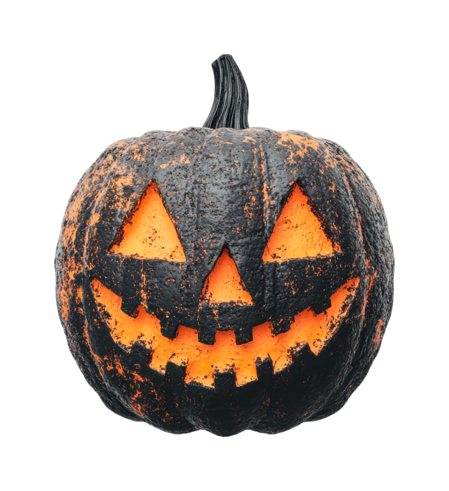 Grinning halloween pumpkin with carved face and glowing features png