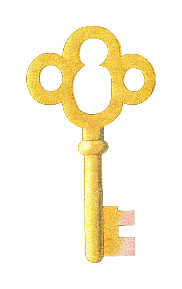 Antique golden skeleton key with ornate design on black background png