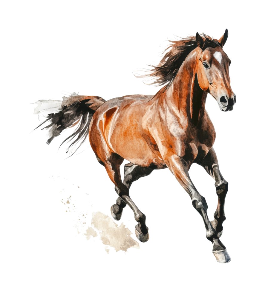 Majestic brown horse galloping elegantly with flowing mane and tail in motion png