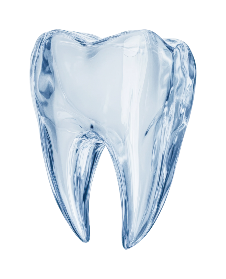 Transparent glass tooth artwork with detailed curved edges on solid background png