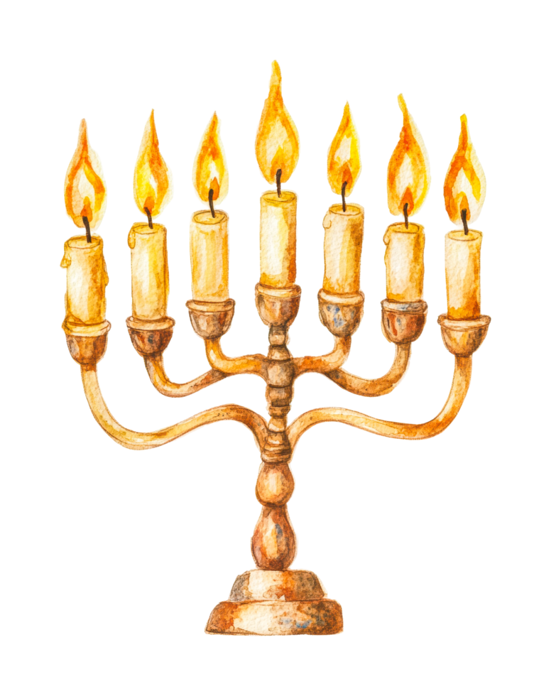 Vintage menorah with seven lit candles in watercolor style png