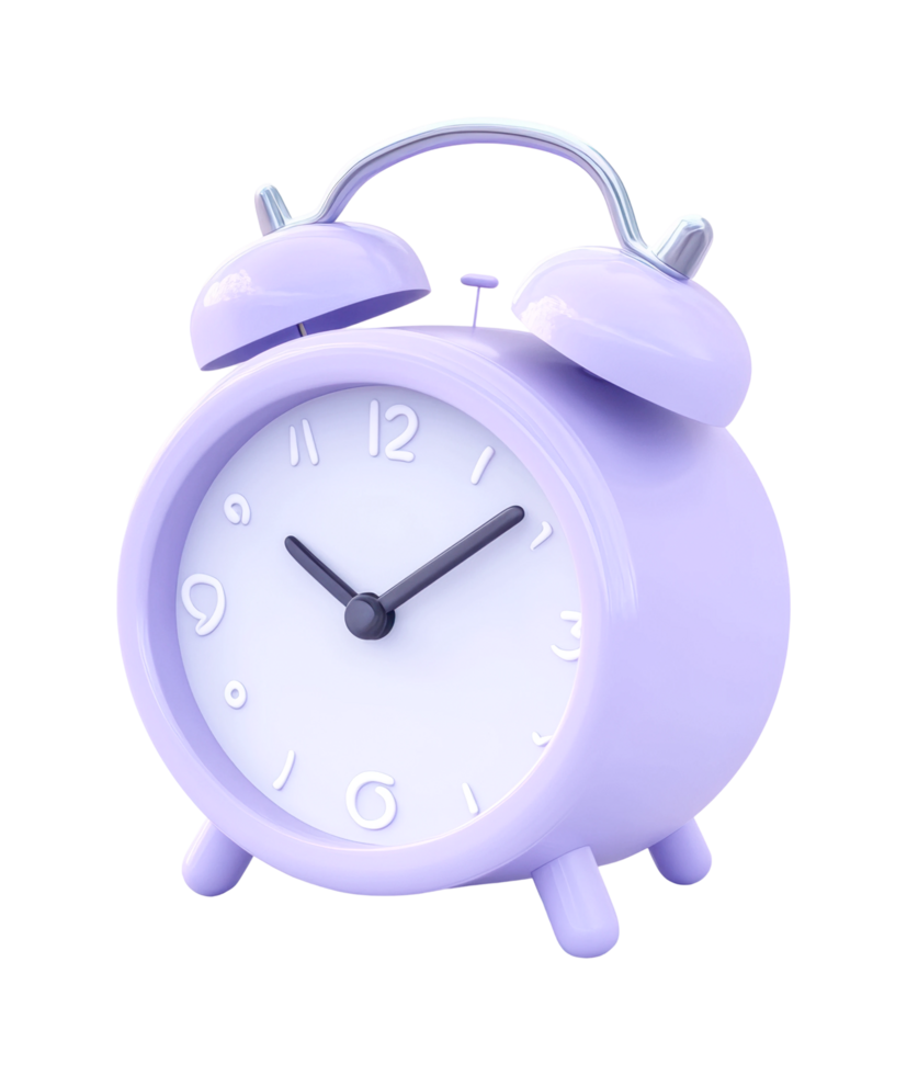 Retro lavender alarm clock with double bells and silent sweep movement png