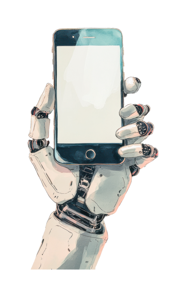 Robotic hand holding smartphone displaying blank screen png