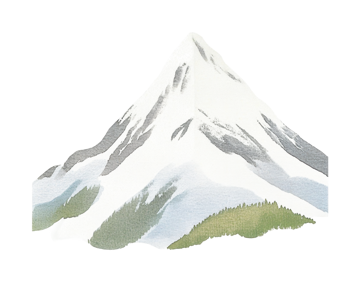 Snow-capped mountain peak with forest hills in minimalist watercolor art png