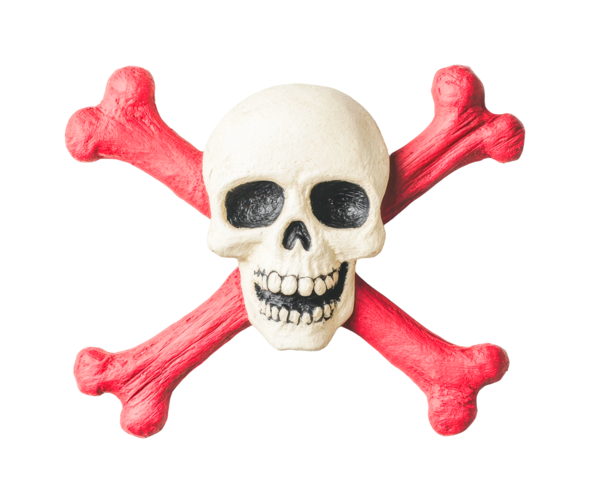 Skull and crossbones symbol with red bones and smiling skull png
