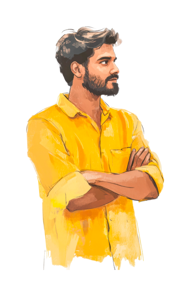 Young caucasian male in yellow shirt with arms crossed profile view png