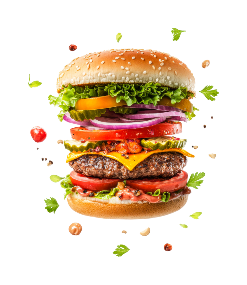 Gourmet cheeseburger with vegetables and floating garnishes png