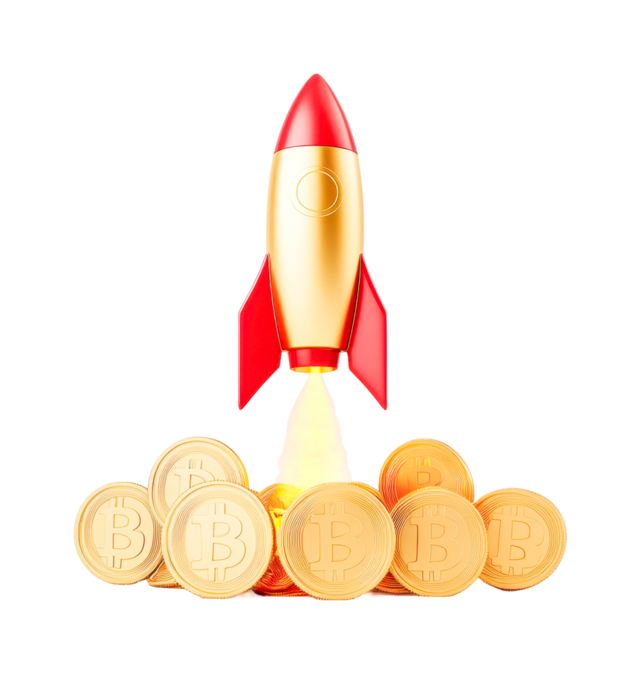 Rocket launching from cryptocurrency coins illustration in mid-air png