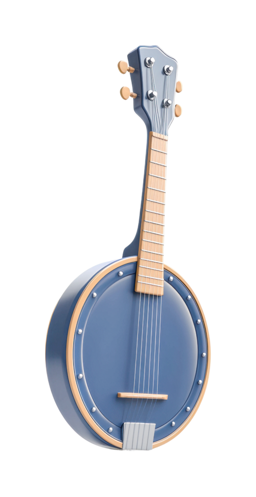 Blue banjo with wooden neck and tuning pegs png