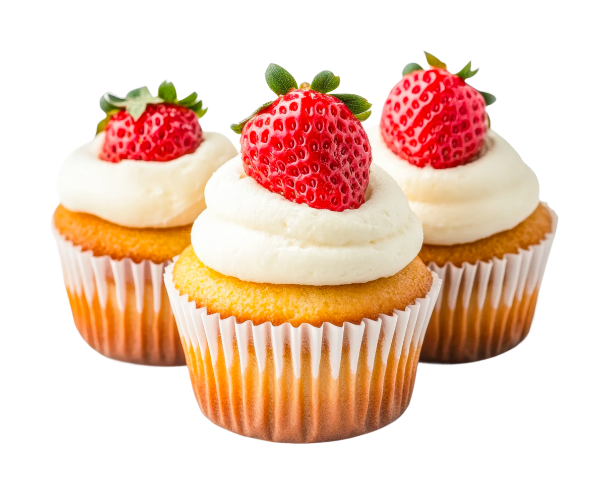 Delicious strawberry cupcakes with vanilla frosting png