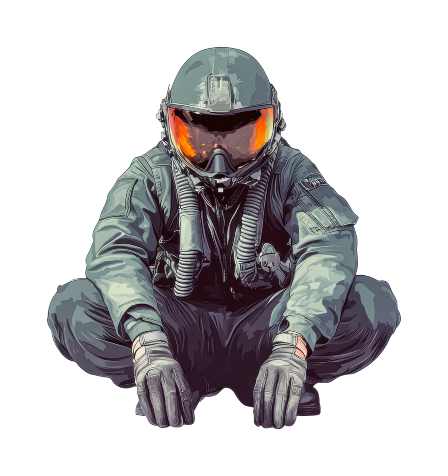Pilot in full gear sitting crouched with reflective visor png