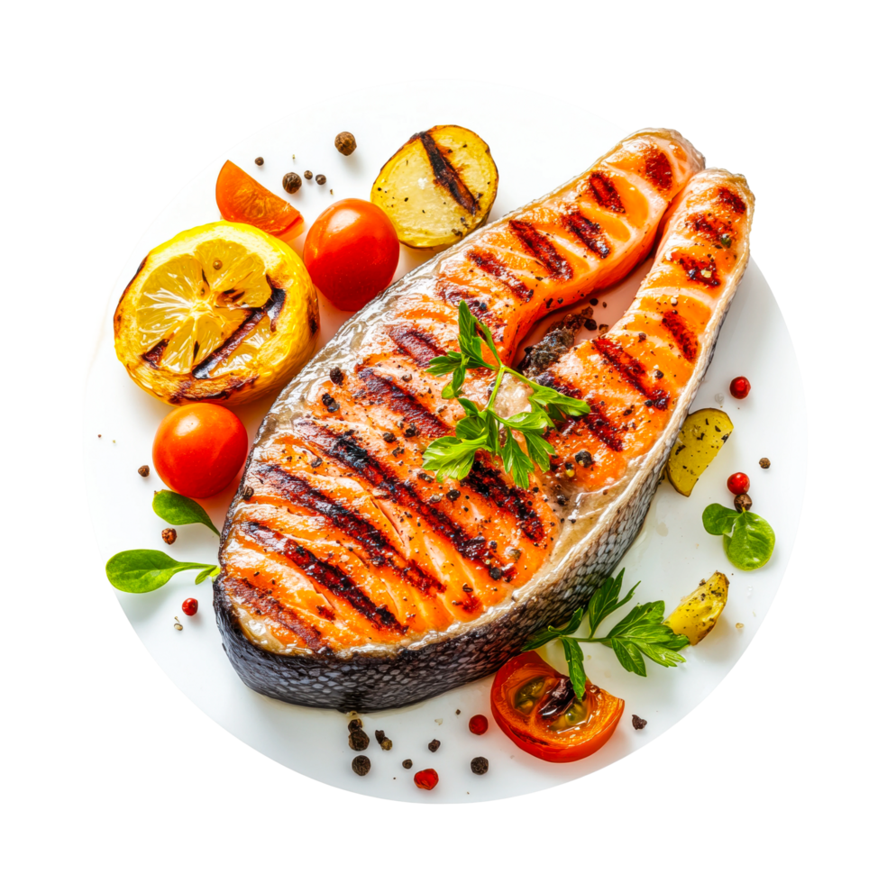 Grilled salmon steak with cherry tomatoes and lemons on a white plate png