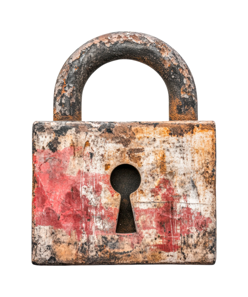 Rugged vintage padlock with rust and red paint png