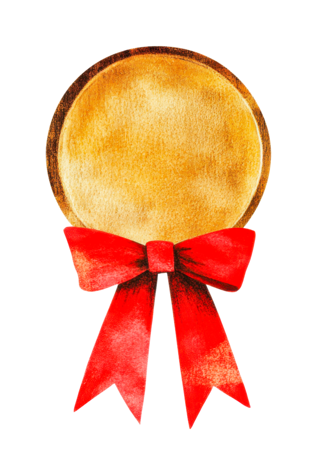Golden medal with red bow ribbon isolated on black png