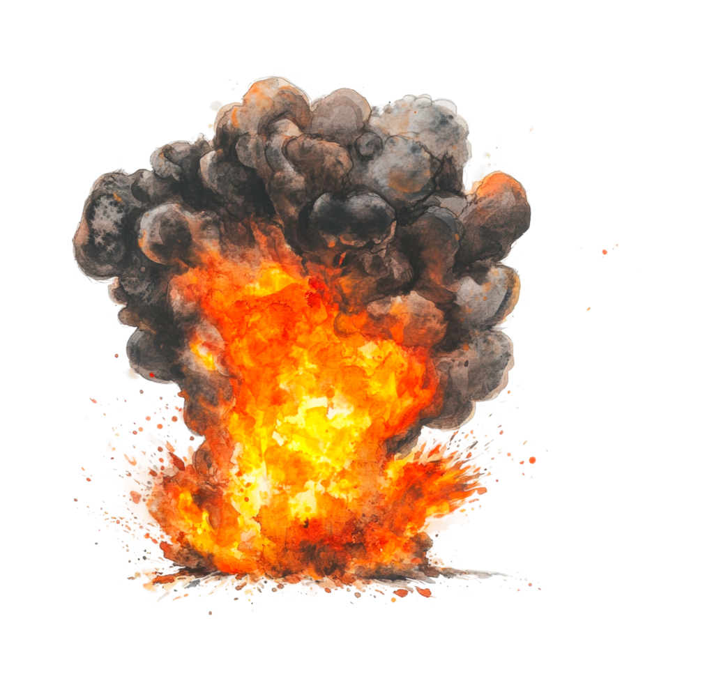 Explosive fireball with intense flames and dense smoke png
