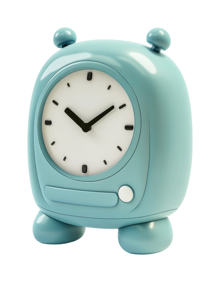 Cute cartoon-style blue alarm clock with simple design and round shape png
