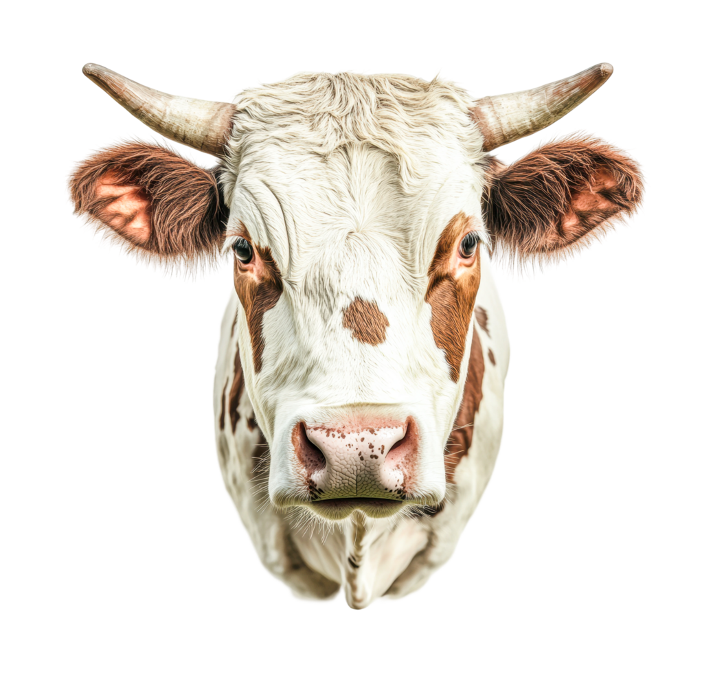 Close-up of brown and white cow with horns facing forward png