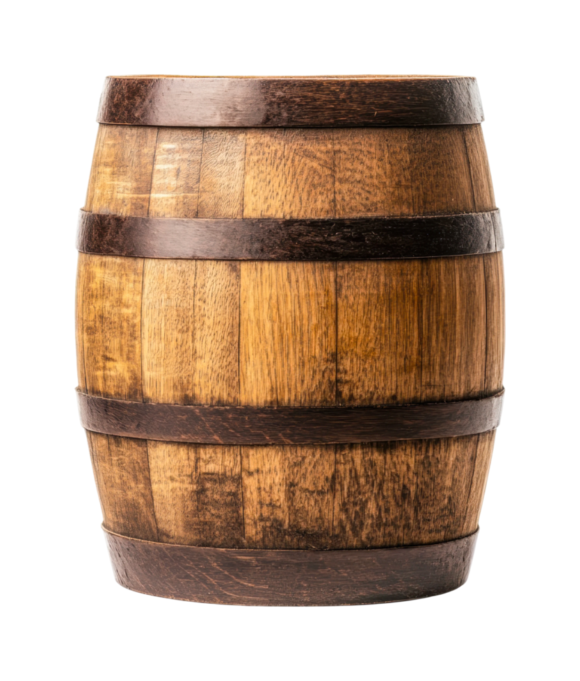 Rustic wooden barrel with metal bands for storage or decoration png