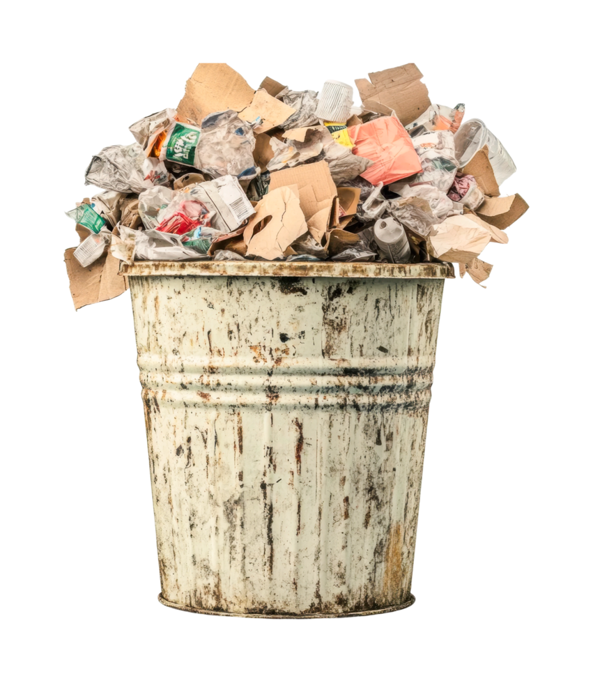 Overflowing trash can with crumpled paper and cardboard waste management png