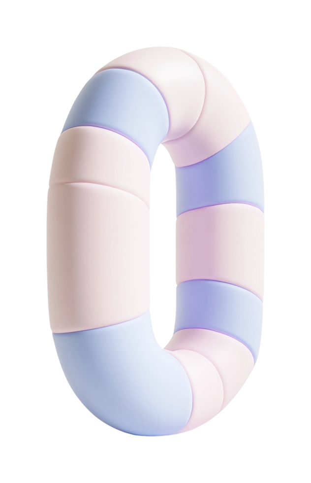 Pastel soft tubular number zero with smooth rounded segments png