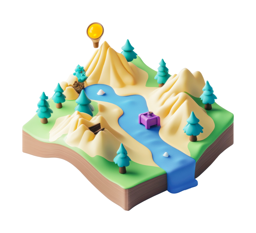 Simplified 3d terrain model with river and mountains png