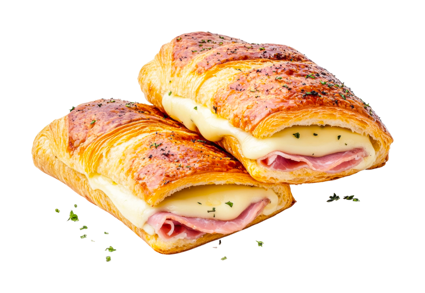 Freshly baked ham and cheese croissants with flaky pastry layers png