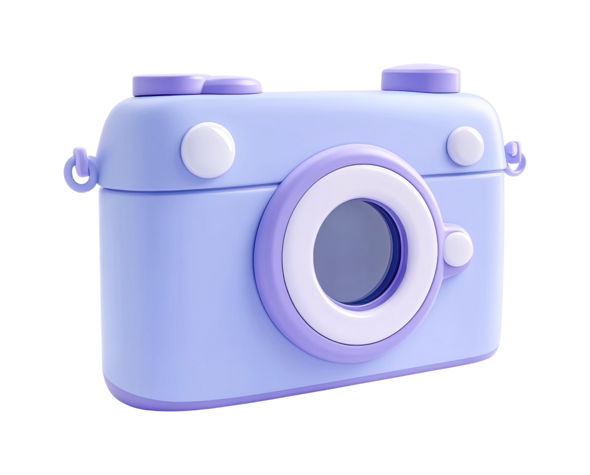 Pastel blue toy camera with retro design and cute buttons png